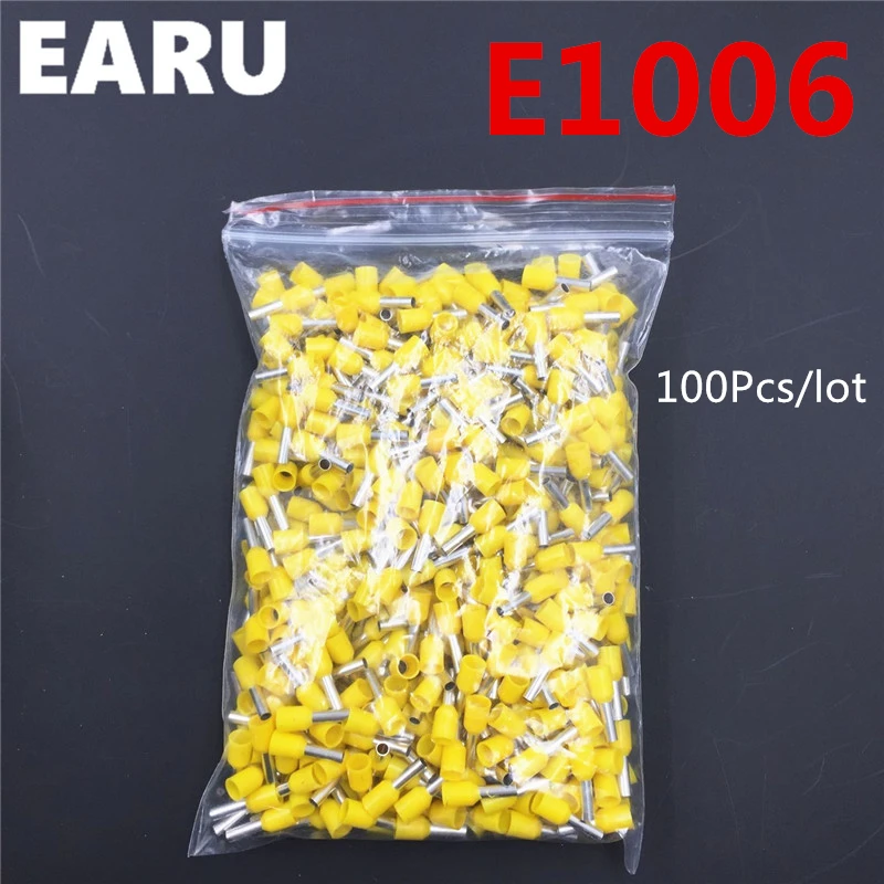 100 шт., изолирующие трубки E1006, изолирующие клеммы 1MM2 18AWG, кабельный соединитель, изолирующие обжимы E, черные, желтые, синие, красные, зеленые