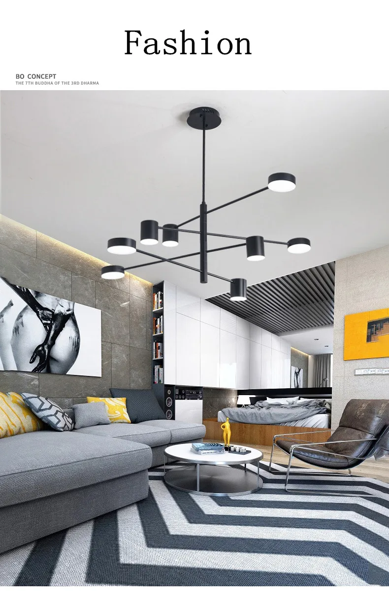 Nordic Led Ceiling Chandelier Light Lamp with Black Round Long for the Living Room Loft Bedroom Hall Dining Room Home Decor Lamp