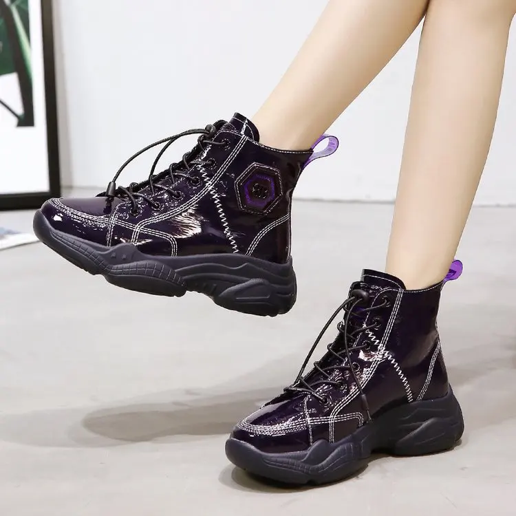 Черно-белые высокие кроссовки из лакированной кожи женская повседневная обувь