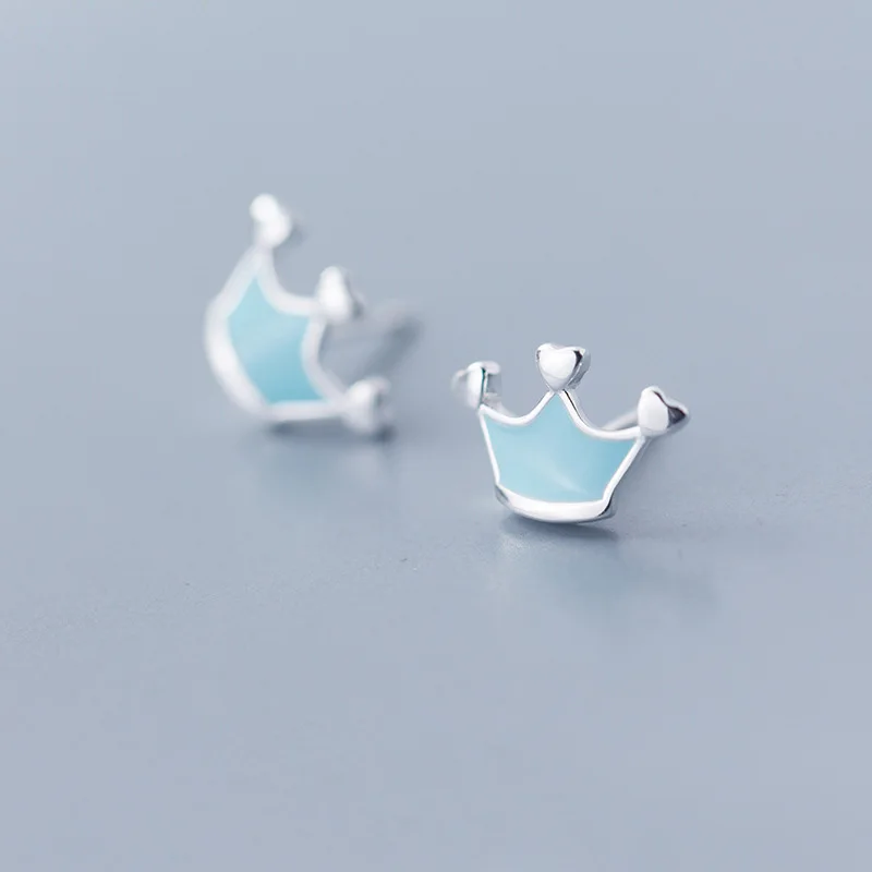 Серьги гвоздики женские из серебра 100% пробы с синей короной|Серьги-гвоздики| |