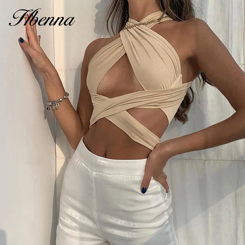 

Hbenna Halter Crop Top Women Irregular Criss Cross Bandage Sexy Backless Top Summer Sleeveless Lace up Hollow Out Tank Top Solid