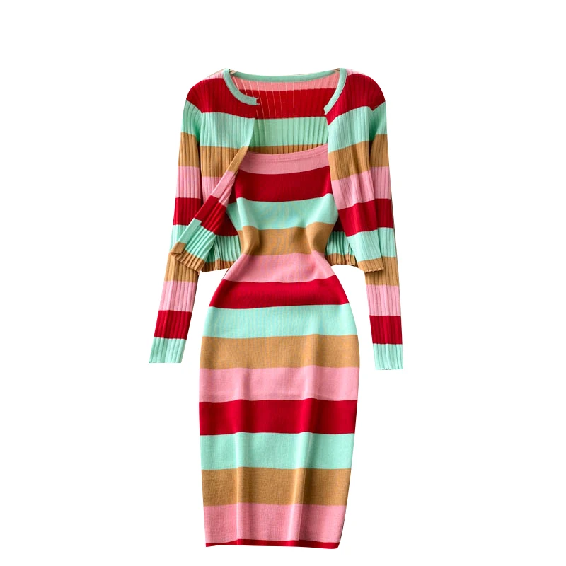 

Women Autumn Stripe Knitted Set Long Sleeve Cardigan Outerwear+Sexy Sleeveless Bodycon Strap Dresses Two Piece Suits