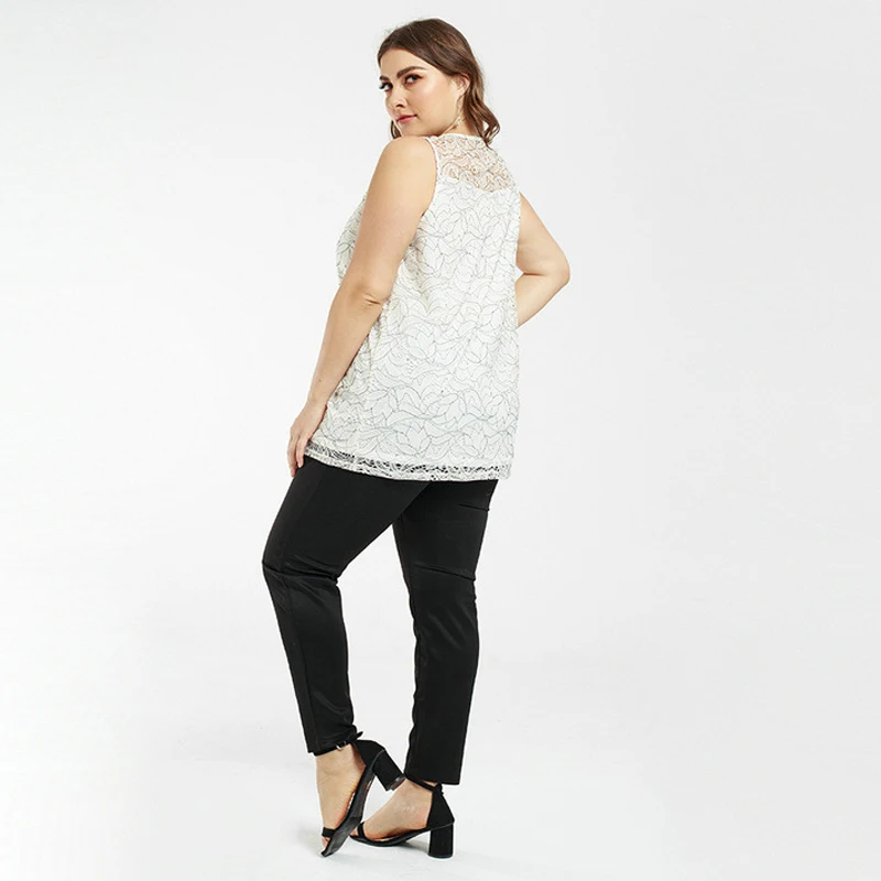 Plus Size Chiffon Blouse Clothes 2021 Women Lace Stitching Sexy Sleeveless Urban Casual Top Solid Color Pattern Loose Round Neck