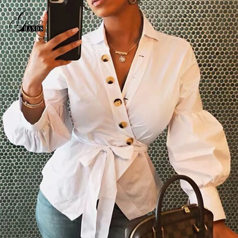 Женская однотонная блузка с золотыми ручками рубашки фонарики блузы длинным