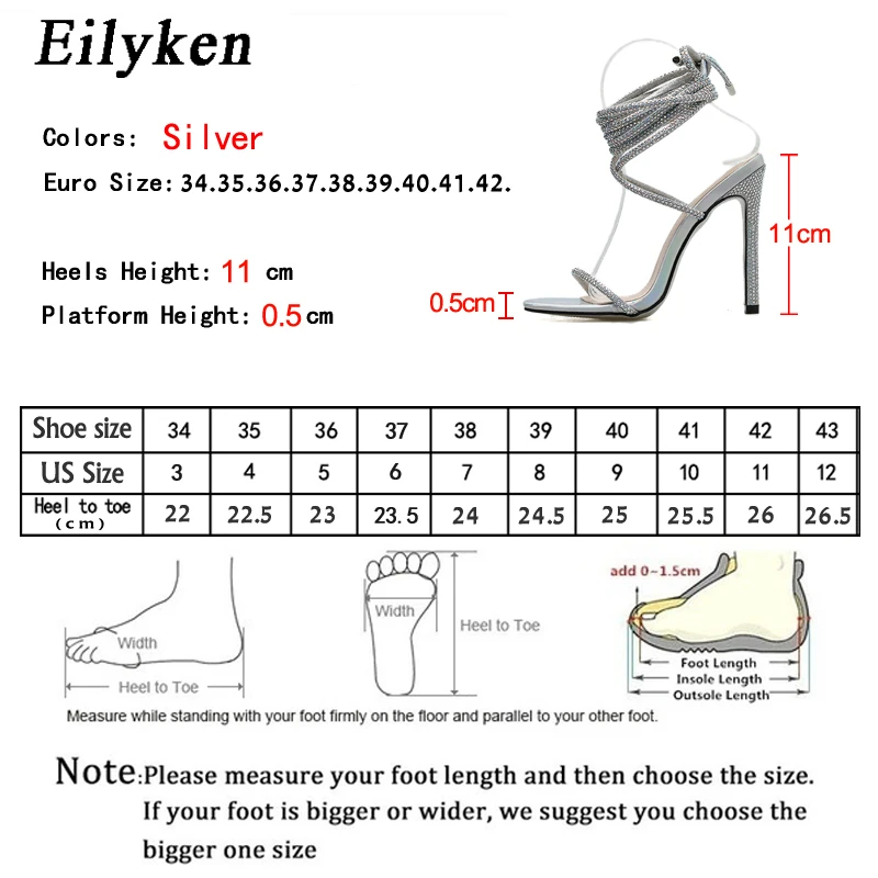 Eilyken Silver Crystal Rhinestone Sexy Sandals Women Summer Ankle Lace-Up Open Toe Thin High Heel Wedding Dress Shoes images - 6