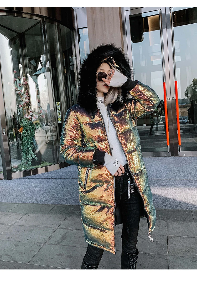 Модная зимняя длинная куртка с голограммой для девочек блестящее пальто