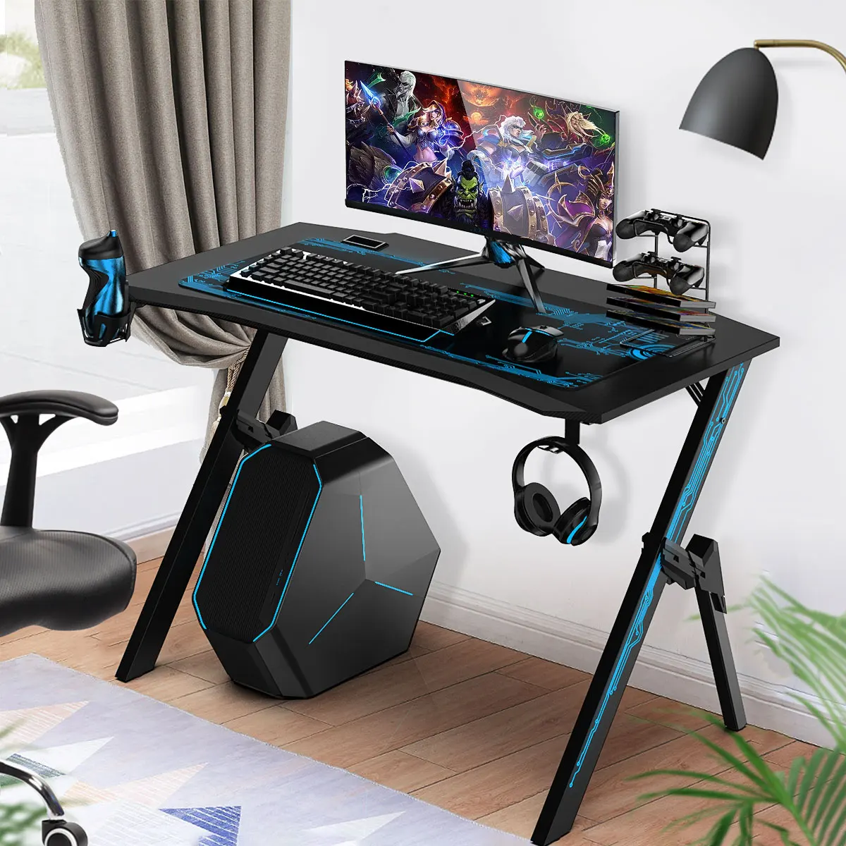 

43.3" Game Table Professional Internet Cafe Game Computer Table With Cable Management Box Cup Holder Headphone Hook & Mouse Pad
