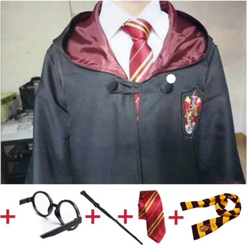 Gryffindor 5pcs set Костюм из Поттера, одежда, галстук, шарф, палочка, очки, шляпа Ravenclaw Gryffindor Hufflepuff Slytherin Potter, косплей, халат, плащ E2103AD - Цвет: Gryffindor 5pcs set