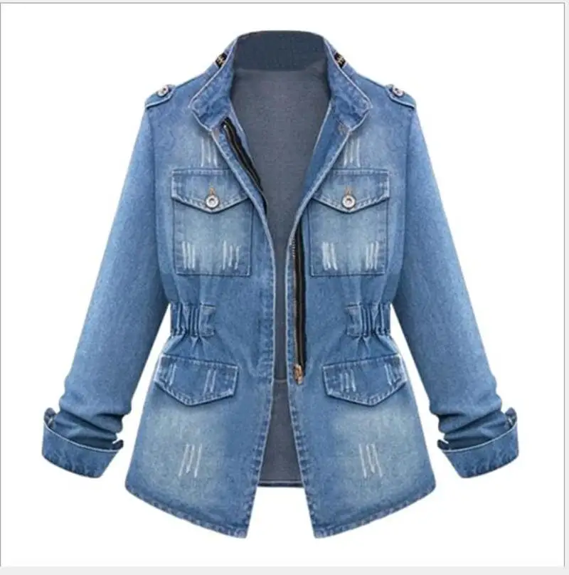 

Women Denim Jackets 2020 Autumn Plus Size Long Sleeve Elastic Waist Zipper Solid Color Casual Loose Slim Fit Coat Female CL60