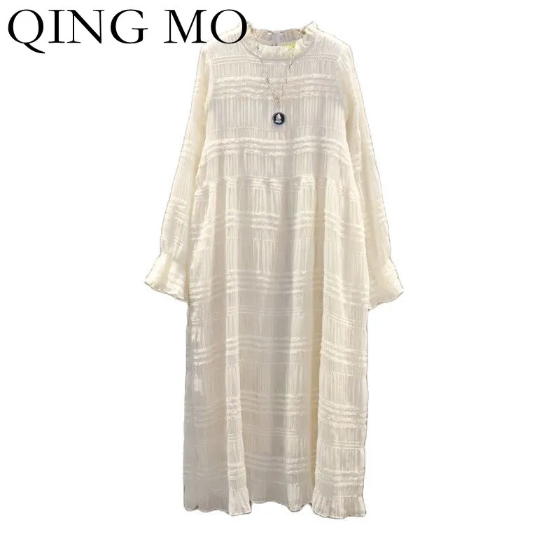 

Женское кружевное шифоновое платье QING MO, свободное черное платье с длинным рукавом, весна-осень 2022