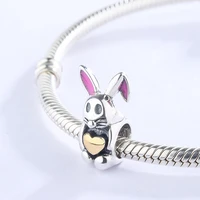 925 sterling silver cute animal rabbit holding golden heart charms diy pendants fashion jewelry for girl necklace bracelet