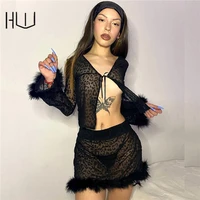 winter new style womens wool sleeve cardigan high waist fur bandage dresses casual perspective see through black skirt suit