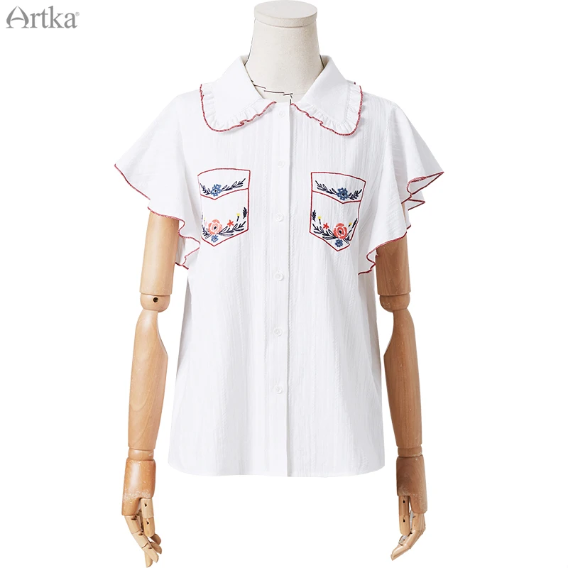 

ARTKA 2020 Summer New Women Blouse Elegant Embroidery Pure Cotton Shirt Butterfly Sleeve Ruffles White Blouse Women SA25108X