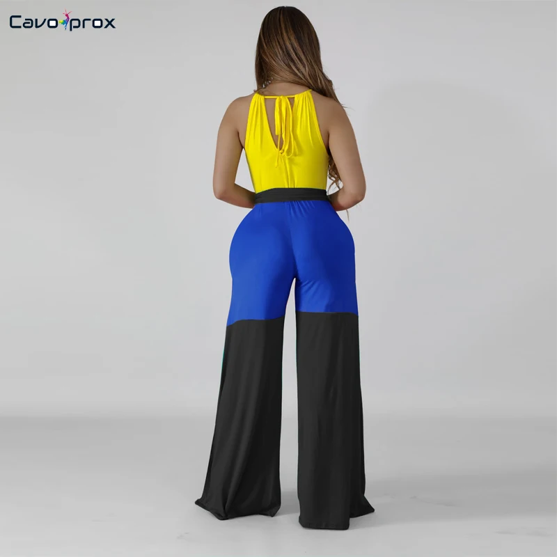 Women Color Block Halter Wide Leg Bodycon Sleeveless Jumpsuits with Hats Casual Plus Size Fashion New Trends | Женская одежда