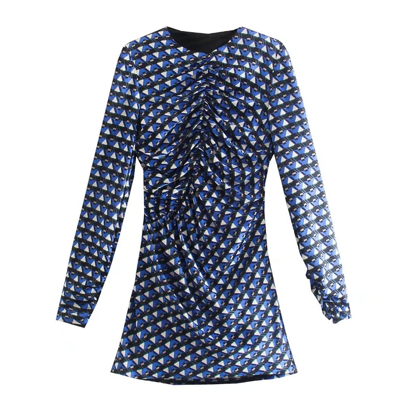 

Женское мини-платье с длинным рукавом, винтажное платье с геометрическим принтом и круглым вырезом, весна 2021