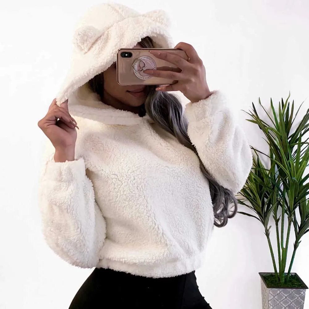 Cat White Vieuunsta Женская толстовка Kawaii флис мех длинный рукав с капюшоном Осень Зима мишка уши мягкий пуловер толстовка с капюшоном XL - Цвет: Cat White