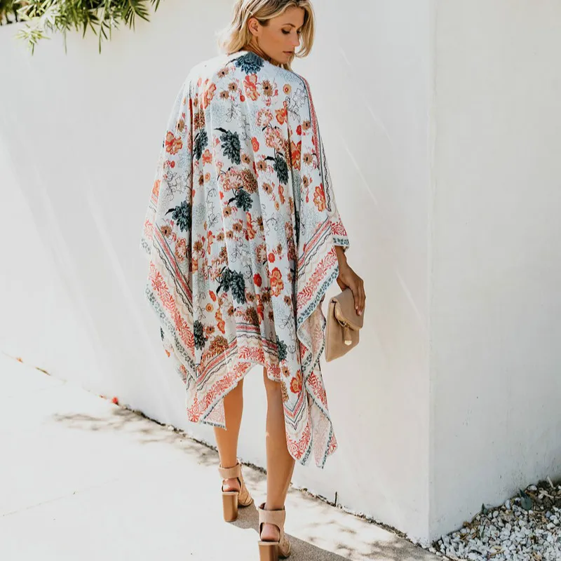 TEELYNN chiffon floral print bikini cover up for women robe boho beach wear summer Cardigan casual long blouse shirt kimono top | Женская