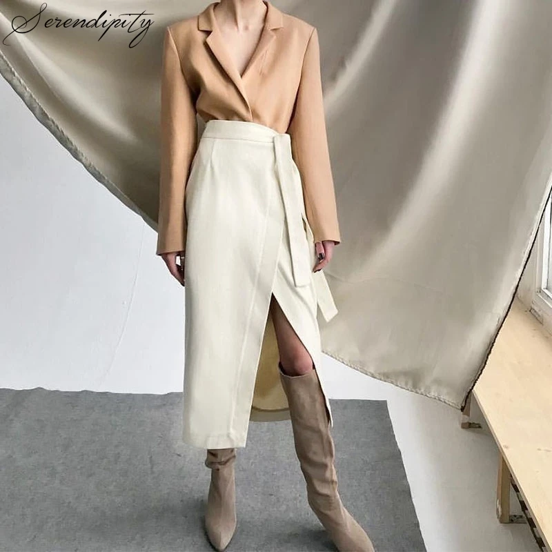 Бежевая замшевая юбка с толстым разрезом Женская осенне зимняя повседневная со