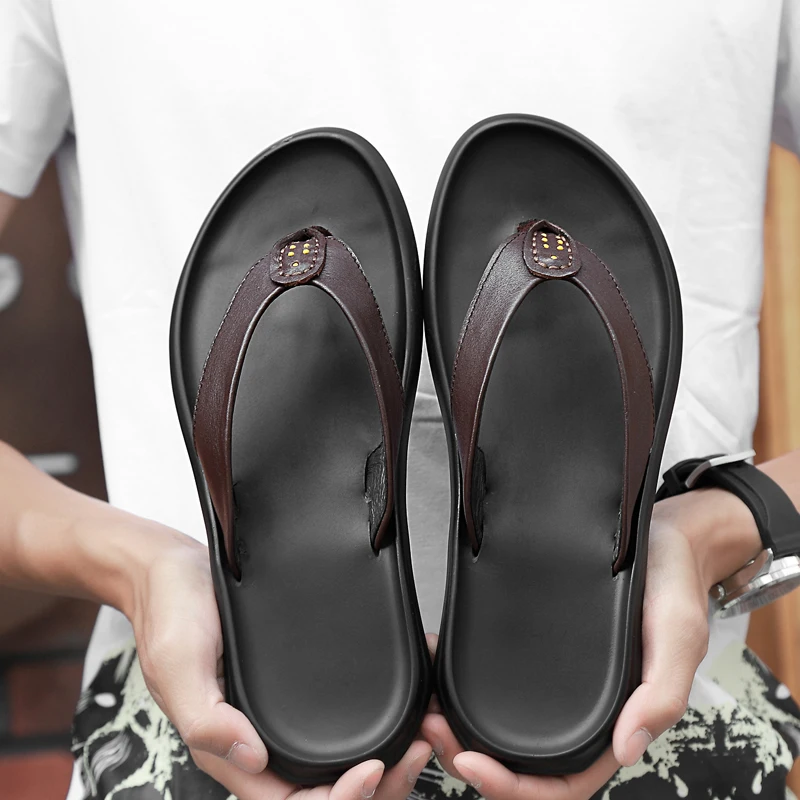 Мужские летние тапочки из натуральной кожи удобные легкие дышащие шлепанцы на