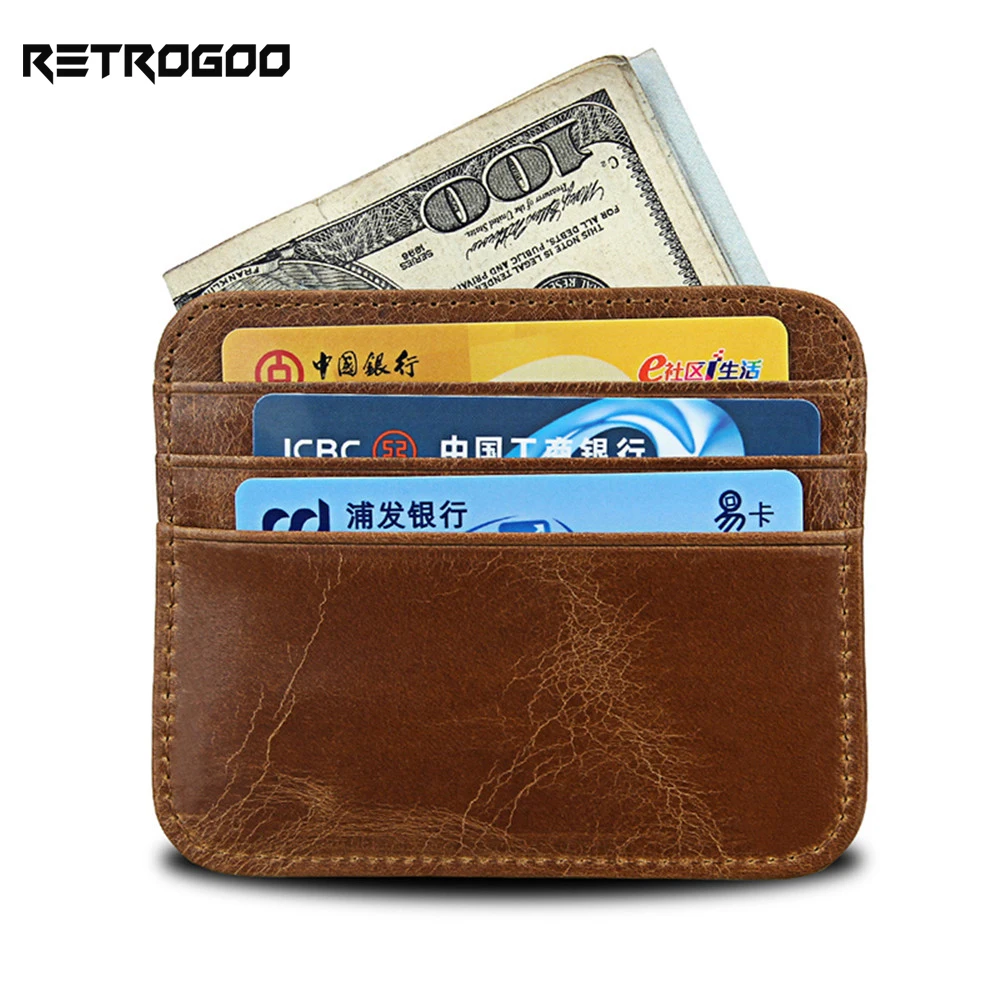 RETROGOO Men Leather Card Holder Wallet Crazy Horse Leather Slim Wallet Men Fashion Purse ID Card Holder Cowhide Leather Wallets
