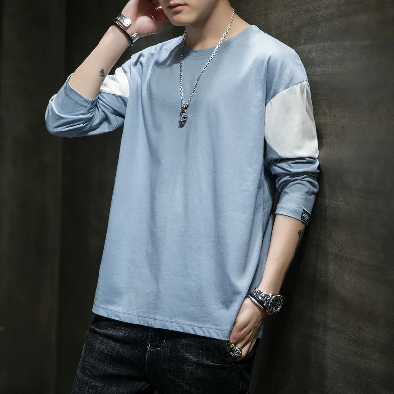 Футболка мужская с длинным рукавом круглым вырезом и пэчворком|Мужские футболки|