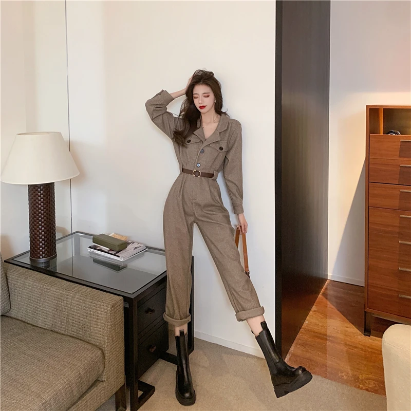 OCEANLOVE Jumpsuits Women Solid Autumn Winter Cargo Korean Vintage Streetwear Bodysuit High Waist Loose Combinaison Femme |