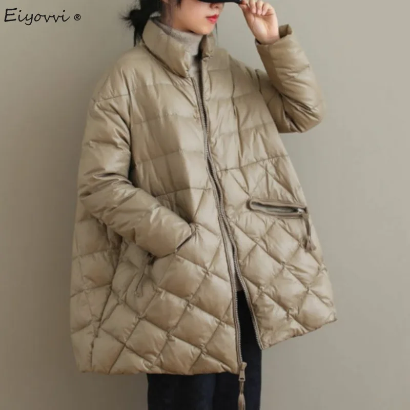 Winter 2021 Light Down Jacket Women's Large Loose And Thin Leisure Check Design White Duck Down Coat Fashion Outerwear