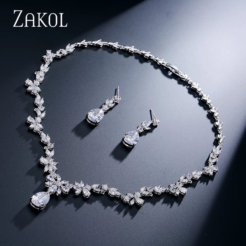 ZAKOL, модный набор, цветок, кубический цирконий, кристалл, женские серьги, ожерелье, набор для невесты, Свадебный костюм, ювелирный набор, FSSP010