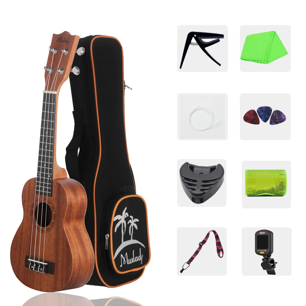 

21 Inch Ukulele Ukelele Soprano Mahogany Wood with Carry Bag Uke Strap Strings Clip-on Tuner Cleaning Cloth Finger Maraca Picks