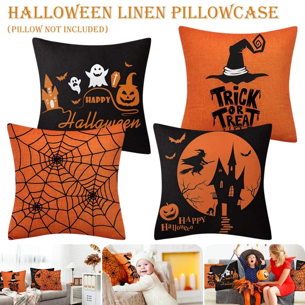 

4Pcs/Set Halloween Pillow Covers Trick or Treat Pillowcase Soft Cotton Linen Cushion Cover Spider Pumpkin Ghost Party Gift Decor