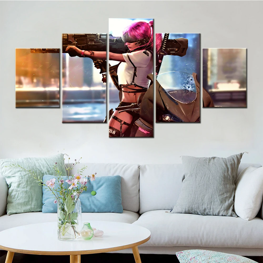 

Modern Wall Art Canvas Girl Cannon Sci Fi Aesthetic Room Decoration 5 Piece Posters Modular Home Decor Anime Figure Pictures