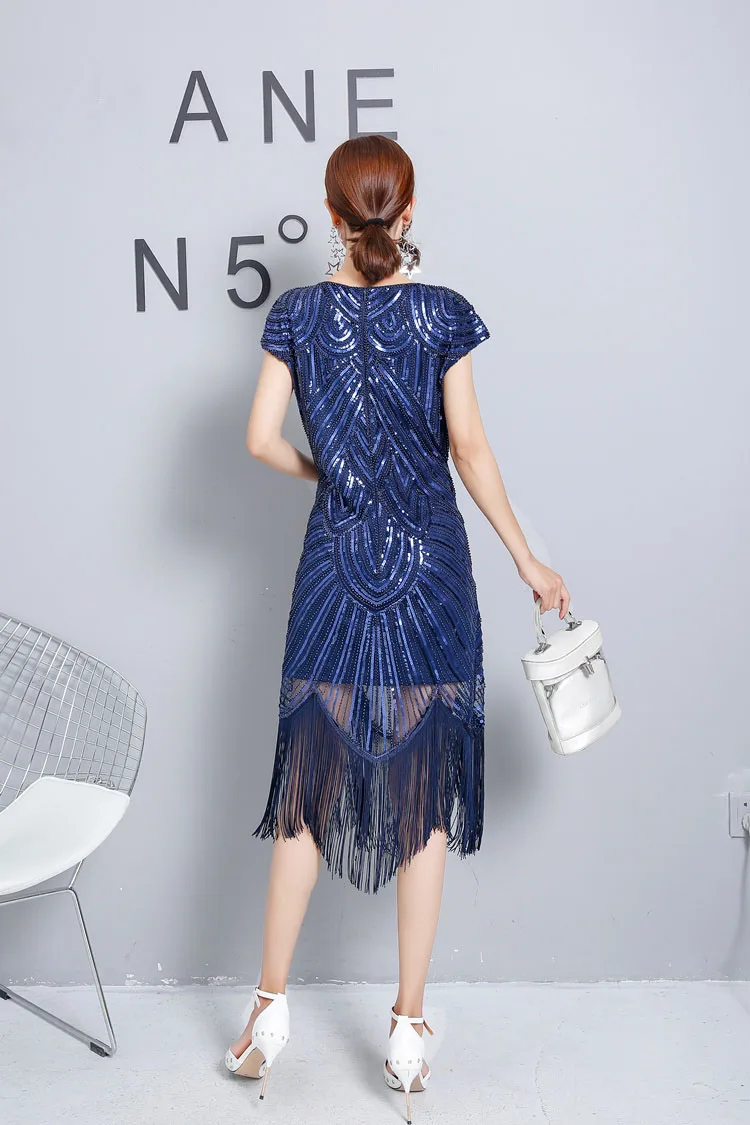 

2020 Vadim Rushed Real Summer Dress Vestidos Mujer Large Size Women Sequins Beaded Round Neck Fashion Fringe Bag Hip Female