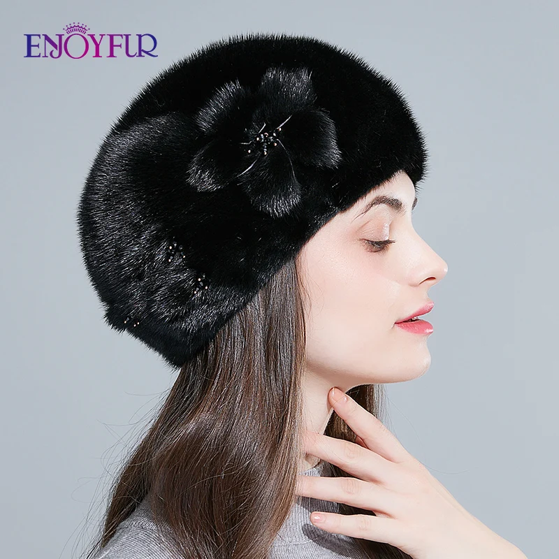 ENJOYFUR, модные меховые береты, натуральный мех норки, шапки для женщин, зимние меховые высококачественные кепки в цветочек