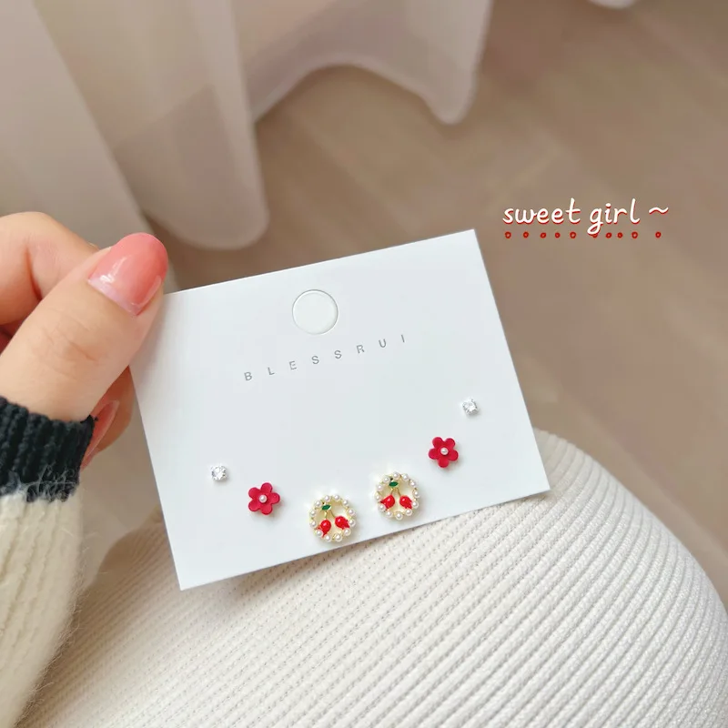 

Red Flower Pearl Cherry Earnail Stud Set Sweet Temperament Simple Versatile Cabinet Earring Wedding Geremony Birthday Jewelry