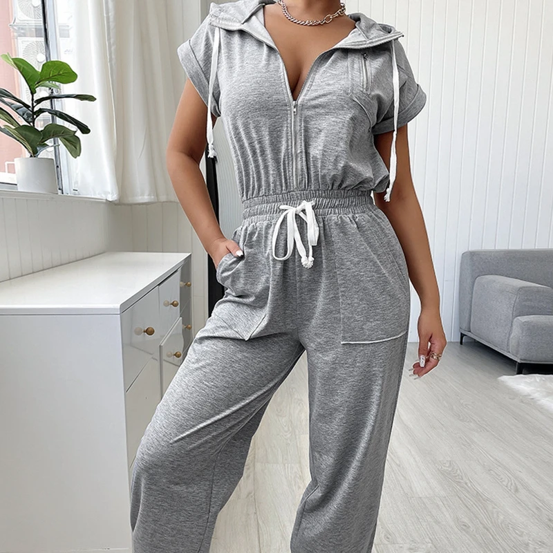 

Комбинезоны Mandylandy с коротким рукавом, высокой талией и V-образным вырезом, с капюшоном, с завышенной талией, с завышенной талией, серый комби...