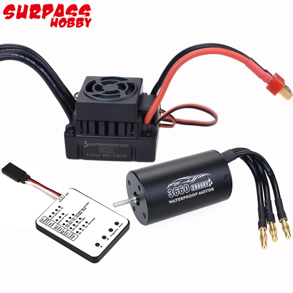 

Surpass Hobby Waterproof 3660 2600KV/3300KV Sensorless Brushless Motor 60A ESC LED Programm Card For 1/10 RC Car Truck Buggy Toy