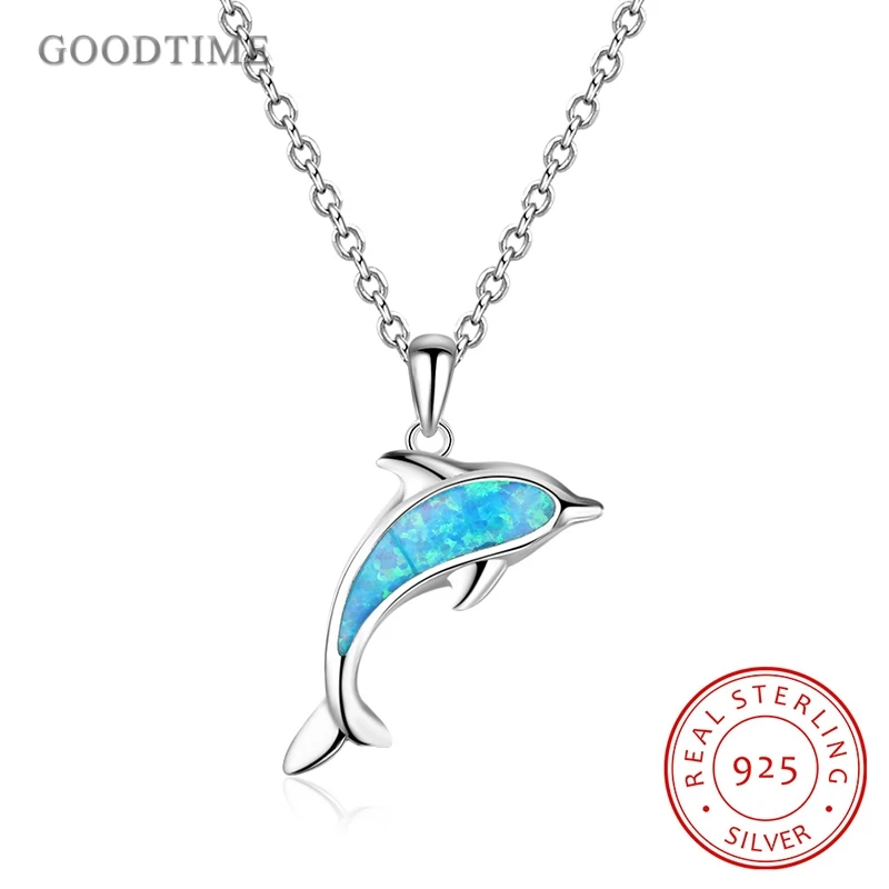 

Fashion Necklace Pure 925 Sterling Silver Blue Opal Dolphin Pendant Necklaces For Women Girl Jewelry Accessories Christmas Gifts