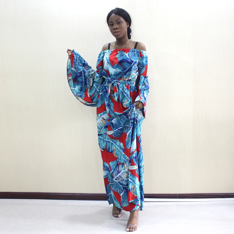 African Dashiki Fashion Design Green Palm Leaf Pattern Printed Off Shoulder Butterfly Sleeve Elegant Vacation Style Women Dress |