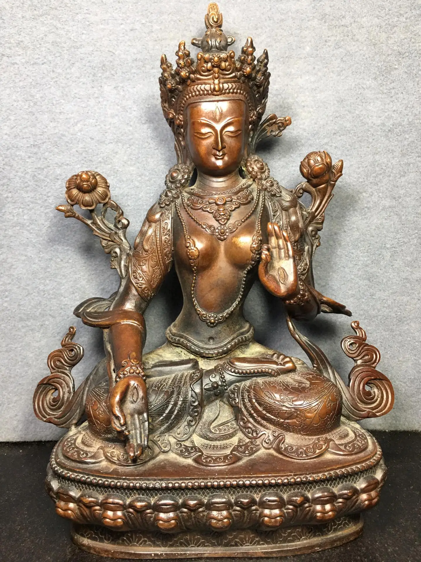 

Home Decor 12"Tibet Buddhism Old Bronze Cinnabar Lacquer Seven Eyes Green Tara Guanyin Bodhisattva statue Enshrine the Buddha