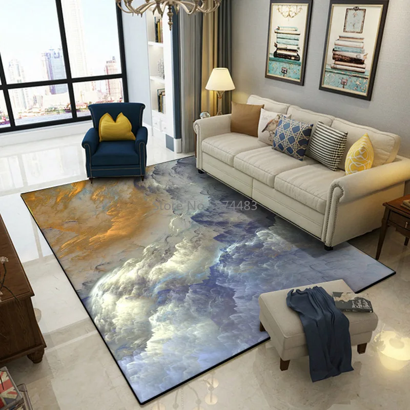 

200*300cm3D Abstract Three-dimensional Gorgeous Cloud Blue Gold White Bedroom Living Room Crystal Velvet Floor Mat Carpet