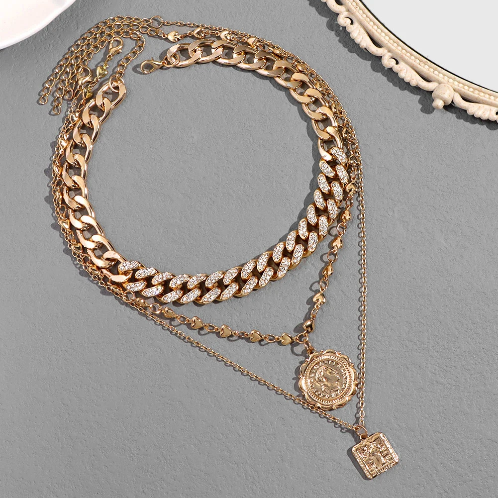 Фото Женское многослойное колье Flatfoosie металлическое ожерелье с золотистыми
