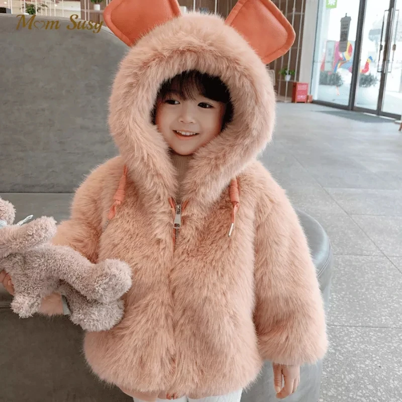 

Fashion Baby Girl Winter Faux Fur Fluffy Jacket Child Warm Thick Fleece Cotton Padded Ear Hooded Coat Baby Clothes Outwear 2-8Y
