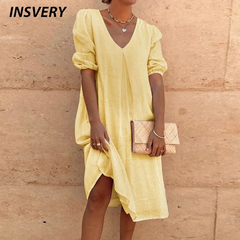 

Spring Summer Casual Dress Women V Neck Solid Loose Dress Plus Size Elegant Party Dresses For Women Puff Sleeve Beach Dress