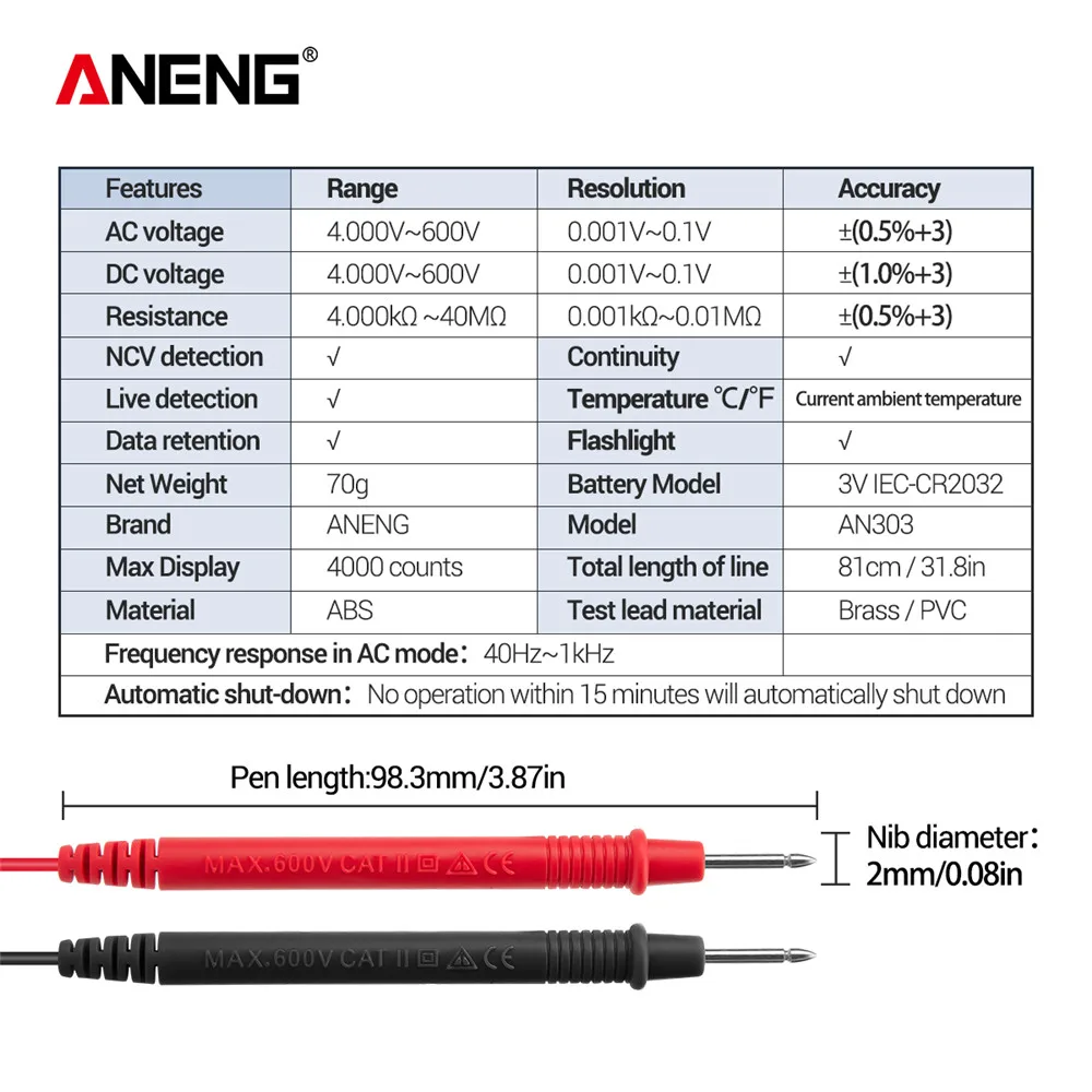 

ANENG AN303 Mini True Rms Profesional Tester Digital Multimeter 4000 Display DC/AC Voltmeter Indicator Capacitance NCV Ohm Res