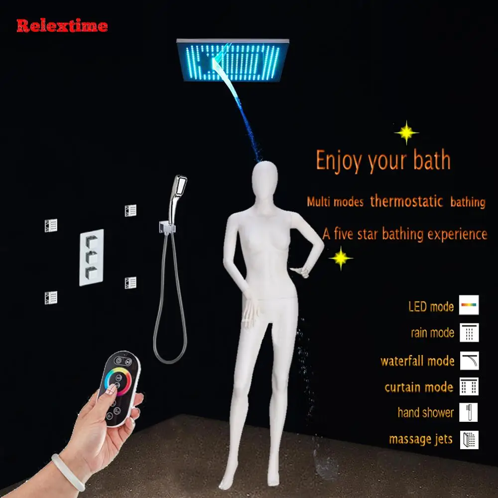 

Bathroom Concealed Thermostatic Shower Set Faucet Mixer Nozzle Light LED Embed Ceiling Shower Head Rain Waterfall massage Jets