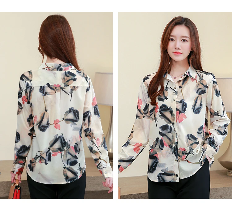 

New Printed Silk Long-sleeved Blouse Lapel Summer Tops Thin Comfortable Fashion Casual Shirt 2021 Houthion Office Lady