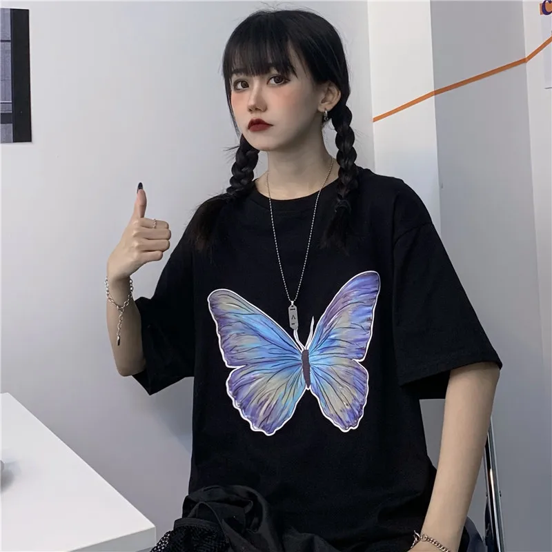 

Summer Korean Ins Harajuku Butterfly Print Short Sleeve Tees Hipster Women Clothing Fashion O-neck Loose Ladies Tops T Shirts