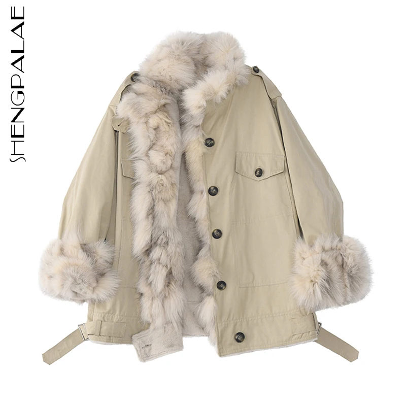

SHENGPALAE Streetwear Fur Plush Jacket Women's Winter 2021 New Turtlneck Loose Single Breasted Long Sleeve Warm Parker Coat Tide