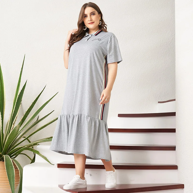 

2022 New Summer Dress Women Plus Size Gray Striped Side Ruffle Hem Turndown Collar Lapel Button Pullover Casual Loose Midi Robes