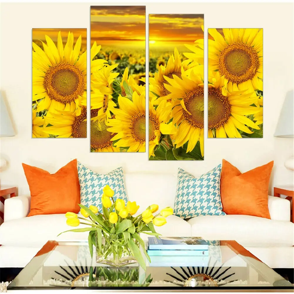 

Sunflower Field At Sunset 4 Panel Wall Art Painting Picture Print On Canvas Pictures for Home Decor Decoration